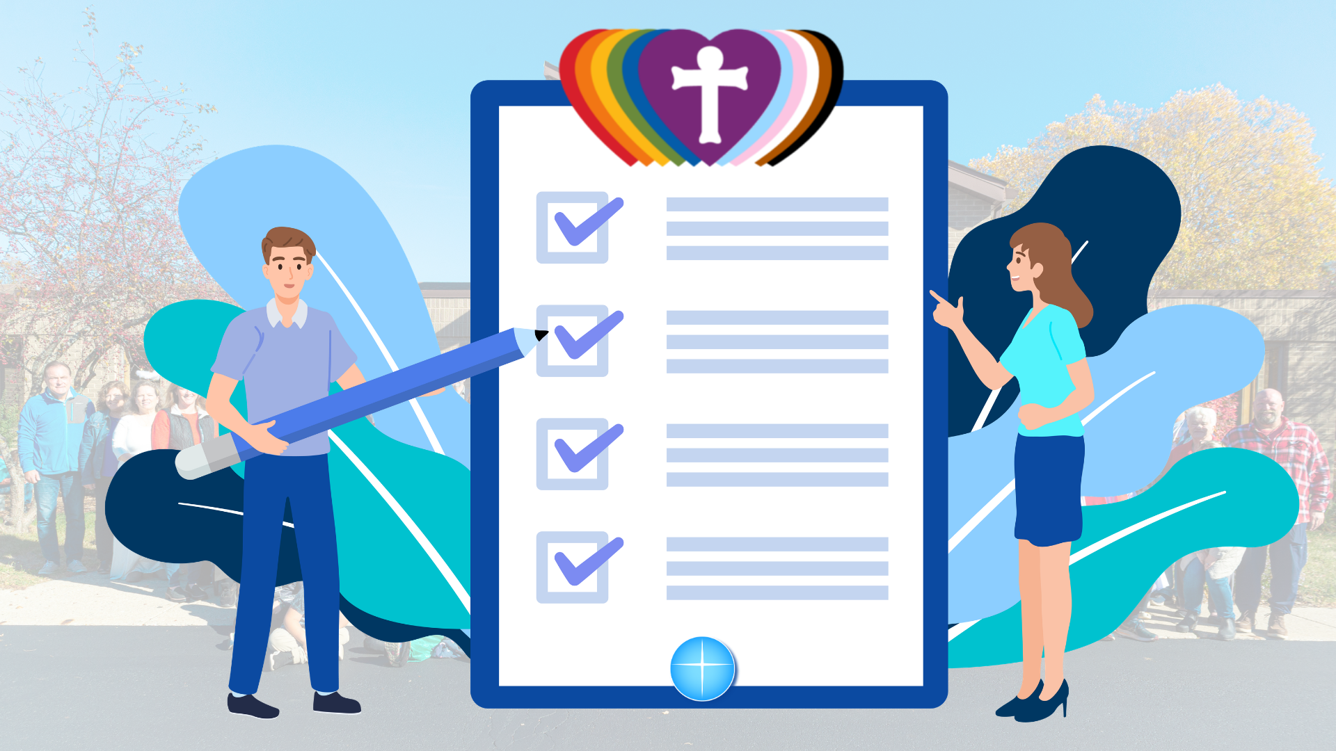 An illustration of two people checking off boxes on a survey